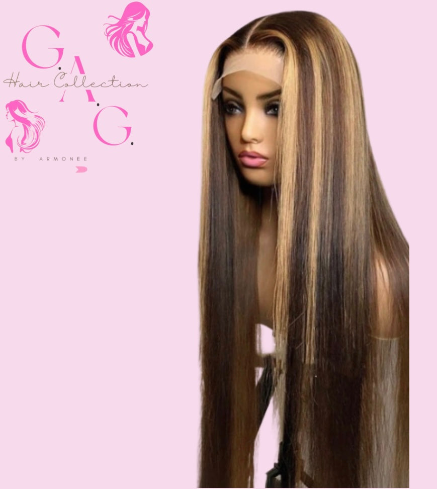 13x4 4/27 (Highlighted) Straight Cambodian Full Frontal Transparent Lace Raw Wig